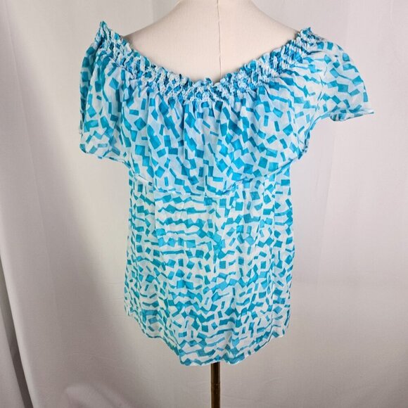 Michael Kors Blue Patterned Off-Shoulder Top Medium Cotton Silk Blend - Picture 3 of 9